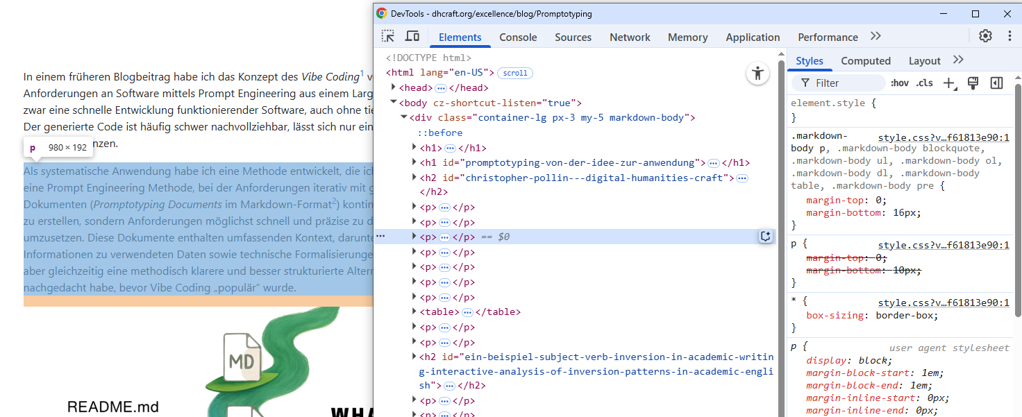 Browser DevTools mit geöffnetem DOM-Inspektor und CSS-Panel zur Analyse von Webseiten-Elementen