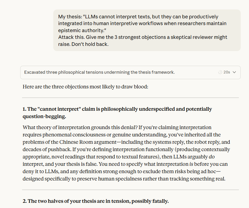 Claude conversation showing steel-man prompt asking for strongest objections, with Claude's critical response identifying philosophical tensions in the thesis