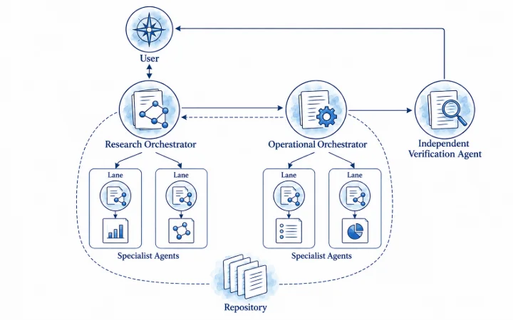 Research Mission Control with the User at the top, a Research Orchestrator, an Operational Orchestrator with Specialist Agents and an Independent Verification Agent that reports to the User, all arranged around a shared repository.