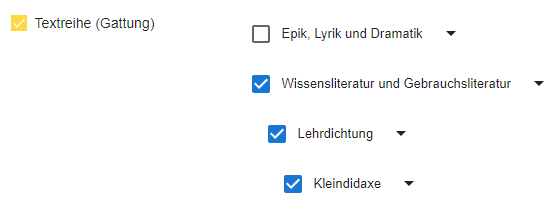 Bildschirmfoto des aufgeklappten Textreihen-Filters: Wissensliteratur und Gebrauchsliteratur, darunter Lehrdichtung und Kleindidaxe ausgewählt