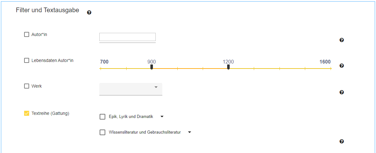 Bildschirmfoto der MHDBDB-Suche (Stand 17.05.2023): Bereich "Filter und Textausgabe" mit aktiviertem Filter "Textreihe (Gattung)" und den beiden obersten Kategorien