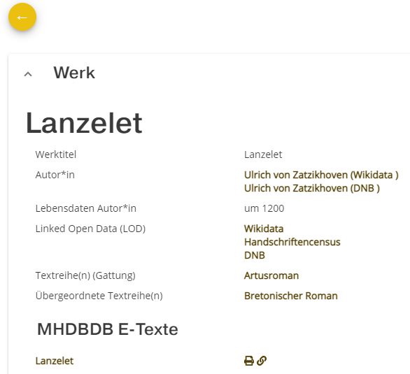 Bildschirmfoto der Werkansicht "Lanzelet" in der MHDBDB (Stand 17.05.2023) mit den Feldern Textreihe(n) (Gattung): Artusroman und Übergeordnete Textreihe(n): Bretonischer Roman