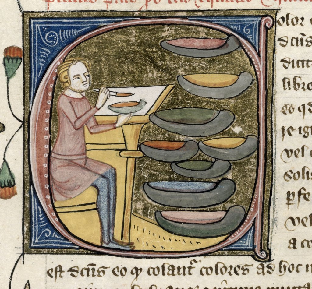 Initiale aus einer mittelalterlichen Handschrift: ein Maler am Pult mischt Farben, neben ihm eine Reihe von Farbschalen